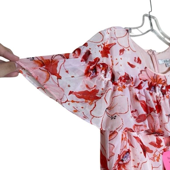 Badgley Mischka Pink Short Sleeve Tiered Floral Mini Runway Dress Size 10 Ruffle - Picture 10 of 13